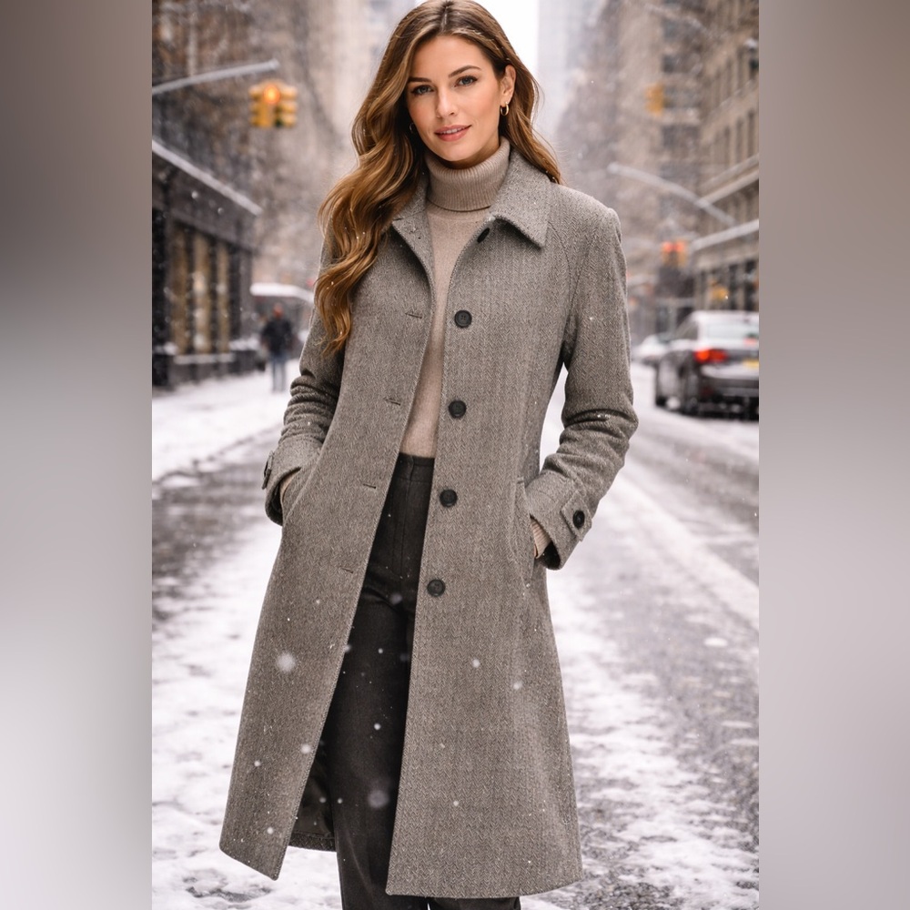 Jones New York Taupe Herringbone Button-Up Wool Coat